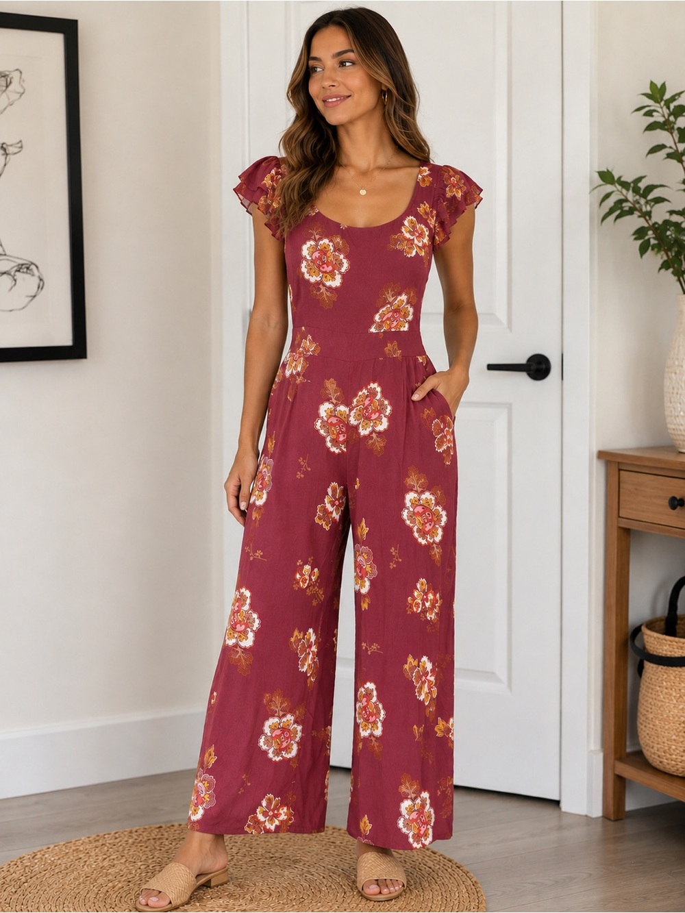 LOFT Floral Wide Leg Jumpsuit Size Large Burgundy Flutter Sleeve Boho Chic